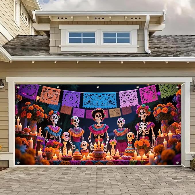 HOMETITUTE Day of the Dead Altar Garage Door Cover 13×6 ft