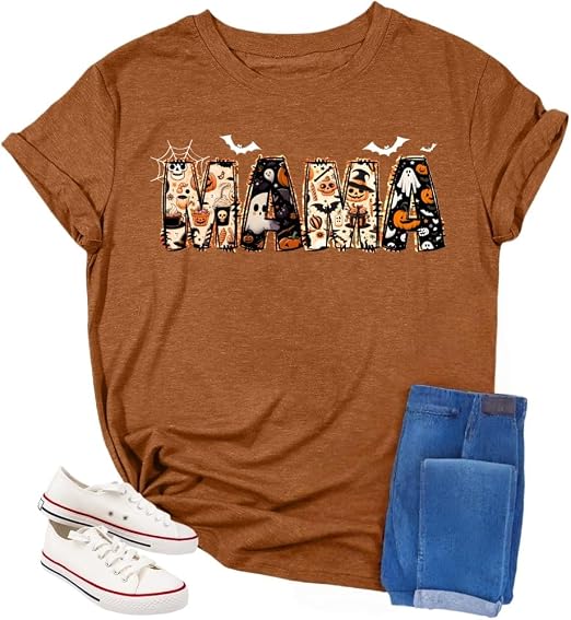 Halloween Mama Shirts Womens Pumpkin Shirt Skull Tshirts Casual Mom Letter Print Tees Cute Ghost Fall Pumpkin Tops - skull tshirt