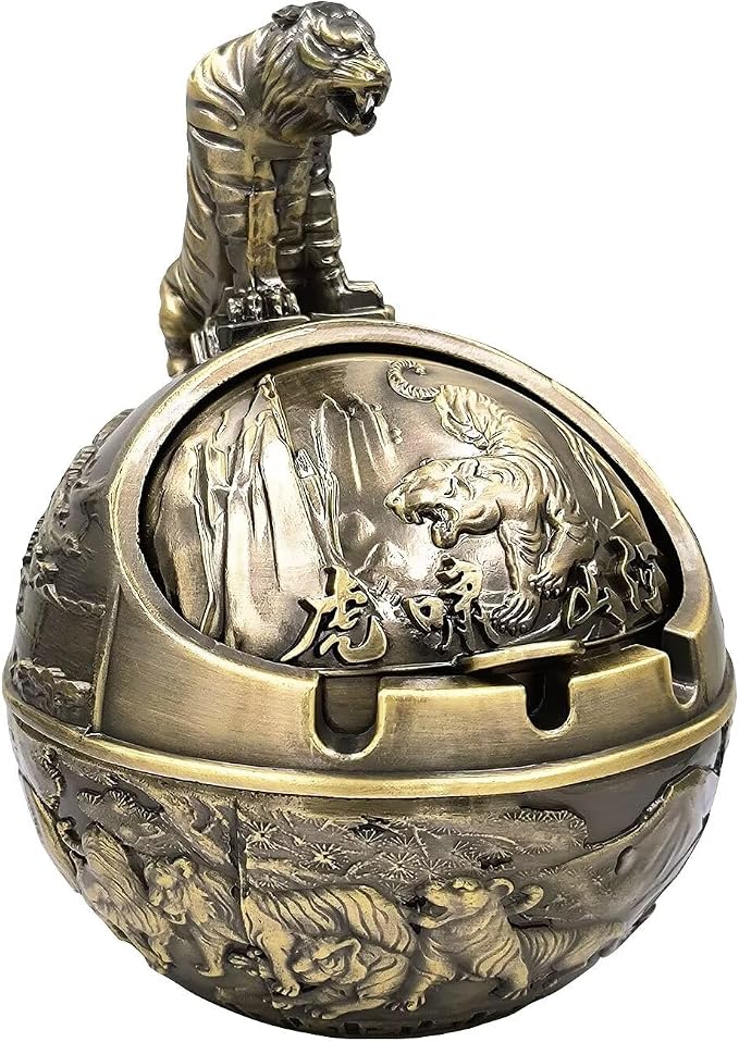 Hourwof Windproof Ashtray with Lid for Cigarettes,Metal Vintage Ashtrays for Outdoor Indoor Home Decor,Decorative Smokeless Ashtray,Bronze Tiger - skull ashtray