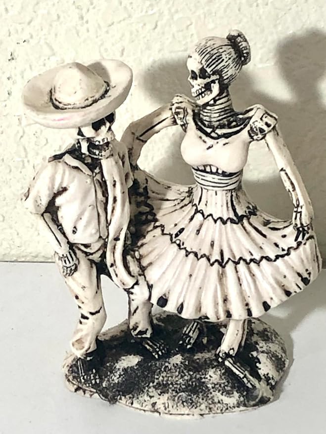 Day of The Dead Dancing Skeleton Couple Figurine, Mexican Folk Art Decor, White and Black - skull figurine