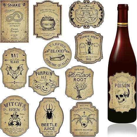 36Pcs Halloween Wine Bottle Label Stickers Retro Scary Potion Bottle Labels - skull sticker