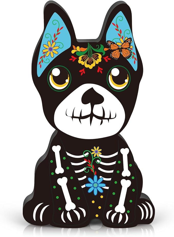 Dia De Los Muertos Decorations Day of The Dead Black Cat and Dog Figurines Table Wooden Figurine Sign Decor for Halloween Home Office Desk Mantle Party Supplies(Dog) - skull figurine