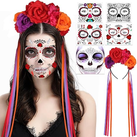 HOWAF Day of the Dead Women Costume - Dia de los Muertos Rose Flower Crown Sugar Skull Face Tattoos Skeleton Face Gem, Mexican Floral Headpiece Day of the Dead Faces Tattoos for Halloween Cosplay - sugar skull makeup