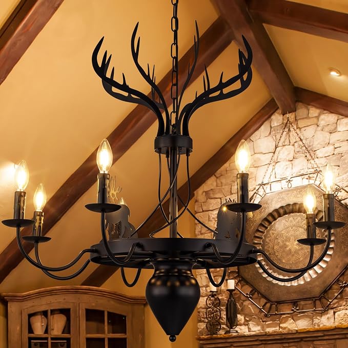 Wellmet Black Rustic Chandelier, Antler Design Farmhouse Chandelier, for Living Room, Foyer, Bedroom, Dining Room, Hallway, 34''W - skull lamp