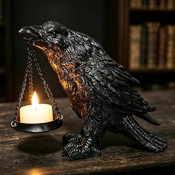 Halloween Gothic Crow Candle Holder, Resin Black Raven Tealight - skull candle
