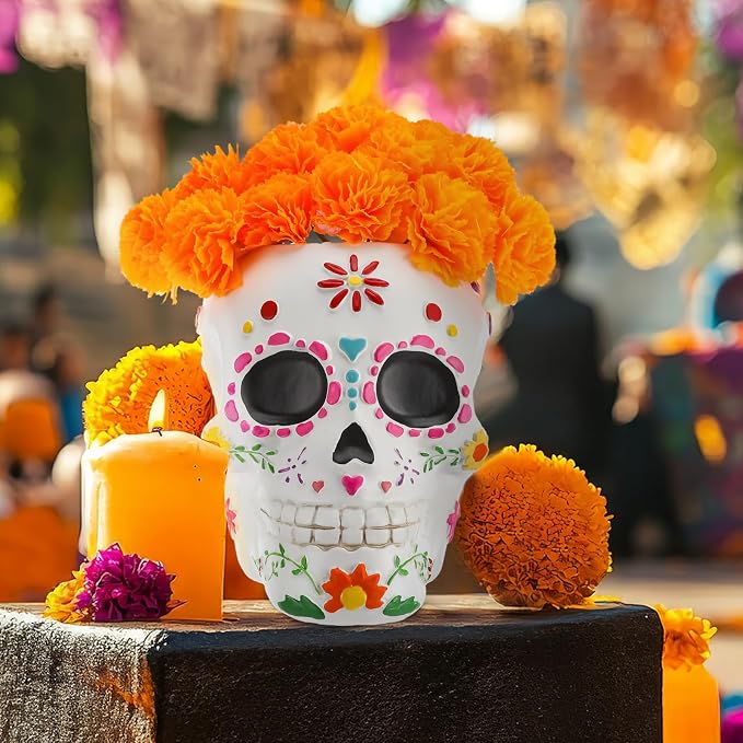 Meanplan 7.5" Day of the Dead Sugar Skull Centerpiece with 20 Marigolds - skull figurine