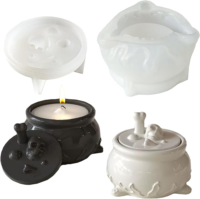 Halloween Jar Resin Mold with Lids for Epoxy Casting, Witch Cauldron Resin Molds Skull Silicone Mold for DIY Candy Organizer,Jewelry Trinket Container,Halloween Decor - skull ashtray