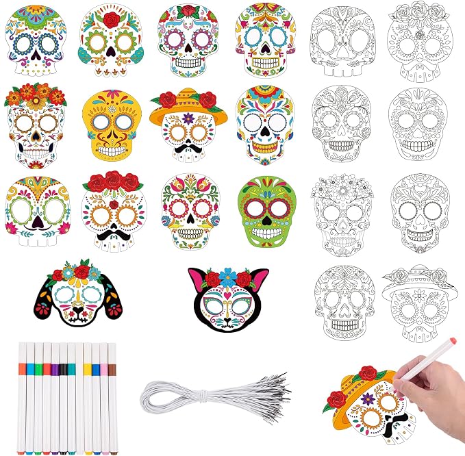 Eternity sky 36 Pack Day of the Dead Sugar Skull Masks - Halloween DIY Coloring Paper Craft Kit with Pens for Kids Dia De Muertos Activity - sugar skull costume