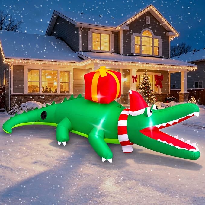 SEASONBLOW 6 FT Christmas Inflatable Alligator Decoration, Lighted Xmas Gator with Gift Boxes Blow Up Decor for Lawn Yard Garden Home Indoor Outdoor Holiday Party - skull inflatable