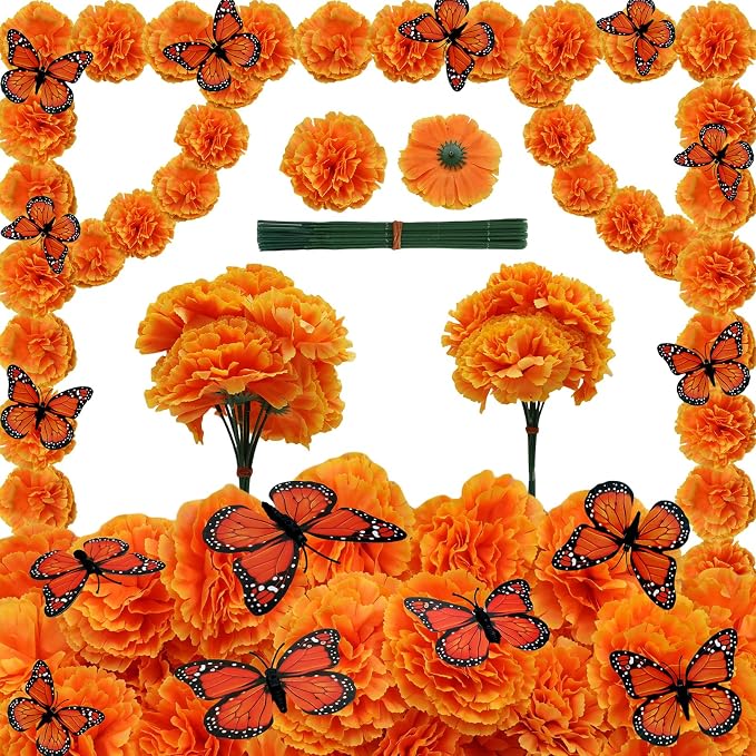 62pcs Marigold Flowers Heads with Monarch Butterfly Decorations, Marigold Garland for Dia De Los Muertos Diwali Decorations for Home Wreath Garland DIY Day of The Dead Altar Decor - skull wreath