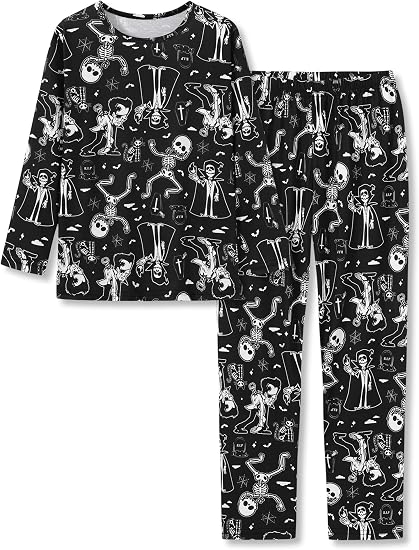 Beezizac Boys Pajamas, Long Sleeve & Pants PJs, Little & Big Kids Size 6-18 - skull pajamas