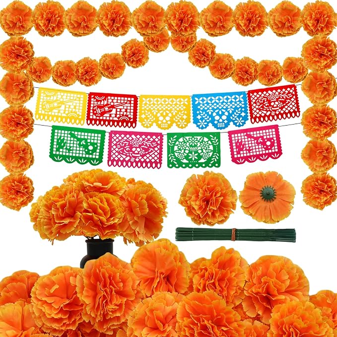 59pcs Day of The Dead Decorations Set Marigold Flowers Heads and Mexican Banner for Dia De Los Muertos Diwali Decorations for Home Wreath Garland DIY Day of The Dead Altar Decor