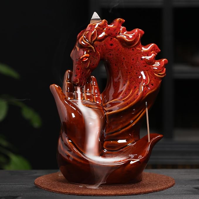 Horse Hand Incense Burner Holder - Ceramic Incense Waterfall Burner Horse, Backflow Horse Smoke Fountain Incense Holder with Cone & Stick Tweezer & Mat for Aromatherapy/Yoga/Home/Room Decor - skull incense burner