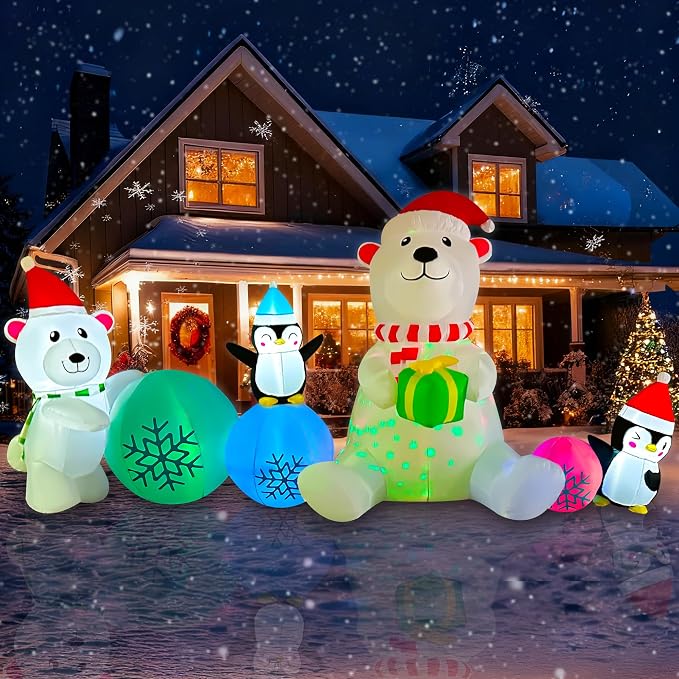 SEASONBLOW 10 FT Long Christmas Inflatable Polar Bear Snowball Decoration, Colorful Rotating Lights Blow Up Xmas Polar Bear with Snowball and Penguin Decor for Yard Garden Outdoor Holiday Party - skull inflatable