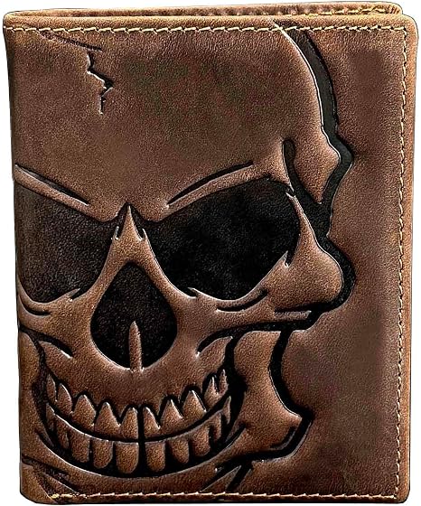 Biker Skull Slim Card Wallet for Men Bifold Card Holder Wallet Minimalist Front Pocket Purse Cowhide Leather Wallet