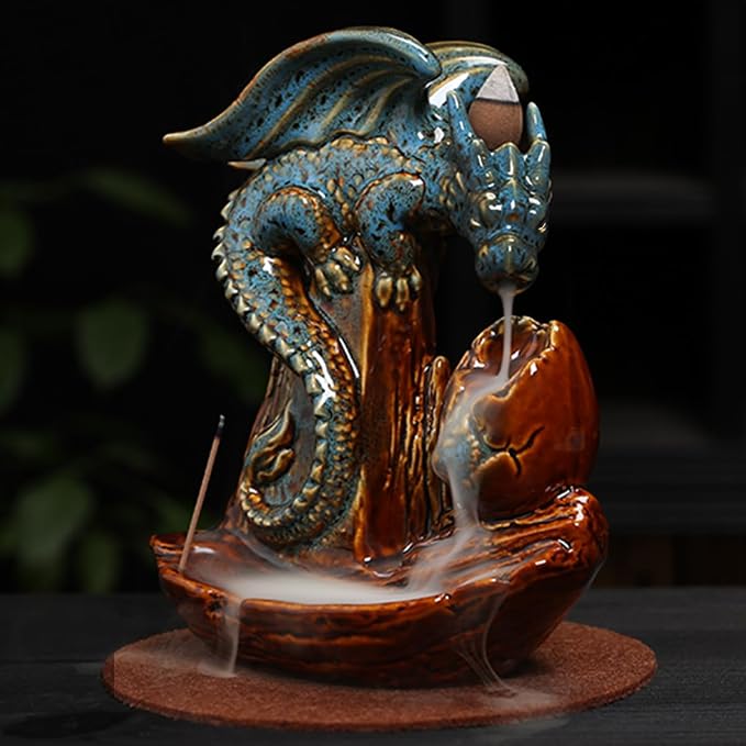 Dragon Incense Burner Holder - Egg Backflow Waterfall Cone Incense Holder, Ceramic Unique Pterosaur Incense Burner with Cones & Sticks for Halloween/Aromatherapy/Yoga/Home/Room/Office Deco - skull incense burner