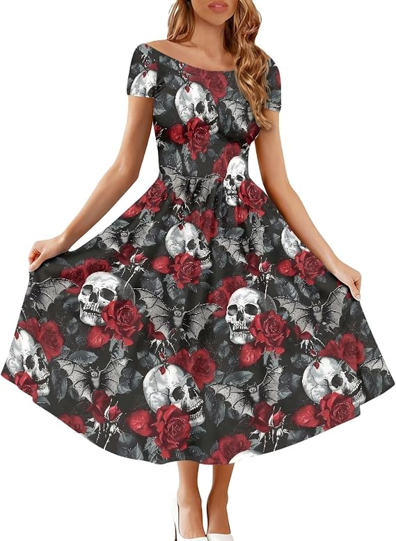 Women's Short Sleeve Fall Dresses Wedding Guest One Shoulder Flowing A-Line Dresses XS - 4XL - sugar skull dress