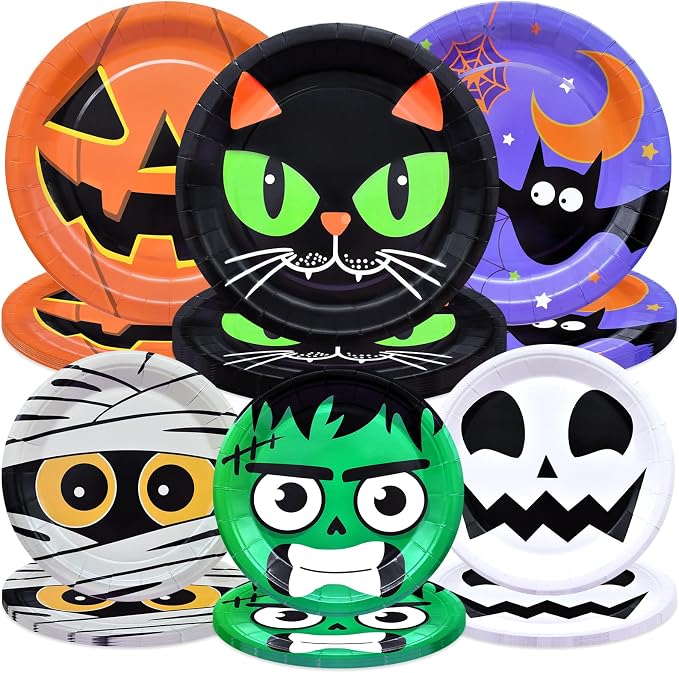 Gistome 48 Pieces Halloween Paper Plates Set – Mixed 9-Inch & 7-Inch Disposable Plates with Black Cat, Pumpkin, Bat, Mummy, Ghost, and Monster Designs for Spooky Trick-or-Treat Halloween Parties - skull plate