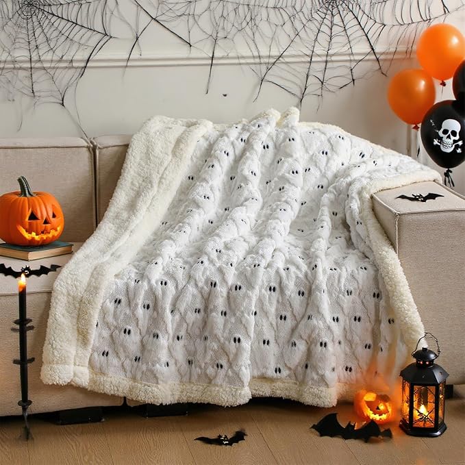 Remagr White Halloween Ghost Blanket Halloween Sherpa Throw Blanket 50x60 - skull blanket