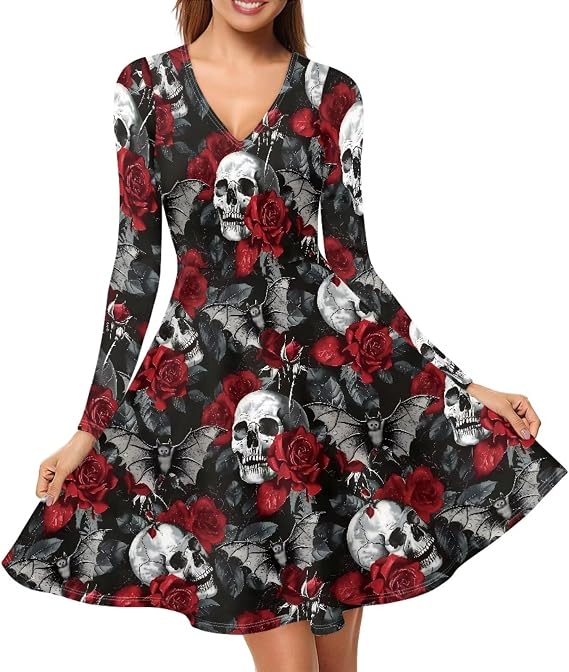 Womens V Neck Dress Summer Fall Elegant Long Sleeve Flowy Dress - sugar skull dress