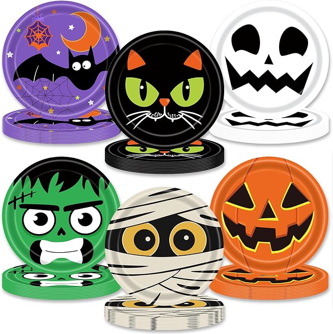 48 Pieces Halloween Paper Plates, 7 Inch Pumpkin Ghost Cat Bat Monster Disposable Plate, Cute Cake Dessert Dinner Plates for Halloween Party Supplies Birthday Party Decorations (6 Designs) - skull plate