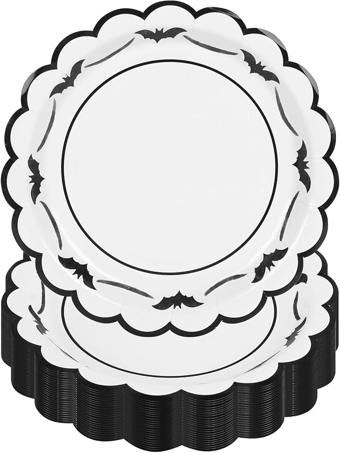 JarThenaAMCS 50 Pcs Halloween Paper Plates Bat Scalloped Disposable Plate Spooky Decorative Tableware for Holiday Party Decor Supplies, 9 In - skull plate