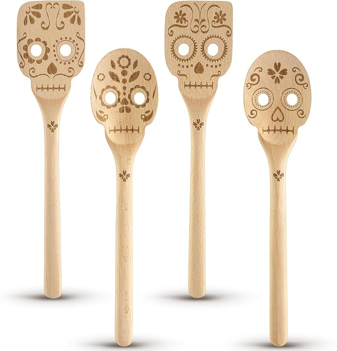 Chengu 4 Pcs Day of The Dead Wooden Spoon Sugar Skull Silverware - skull plate
