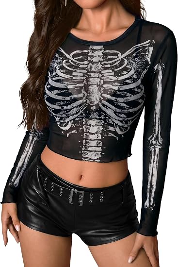 For G and PL Women's Halloween Crew Neck Long Sleeve Shirt See Through Sheer Mesh Crop Top - skull tank tops