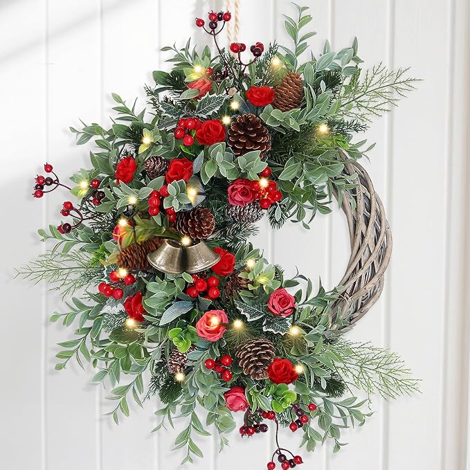 24 Inch Christmas Wreath for Front Door with LED Lights, Bells & Berries - skull wreath