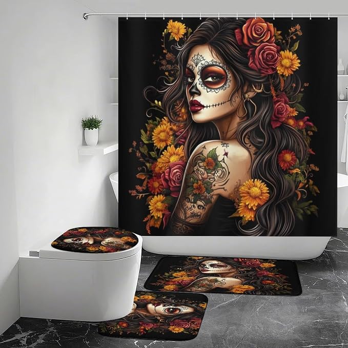 Day of The Dead Shower Curtains Set Bathroom Sets with Rugs (Bath Mat,U Shape and Toilet Lid Cover Mat) - skull toilet mat