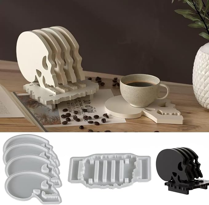 5 Pcs Skull Coaster Epoxy Resin Molds Silicone with Holder, Halloween Skull Coasters Molds Holder Set for Epoxy Resin, DIY Art Craft Cup Mats - skull ashtray