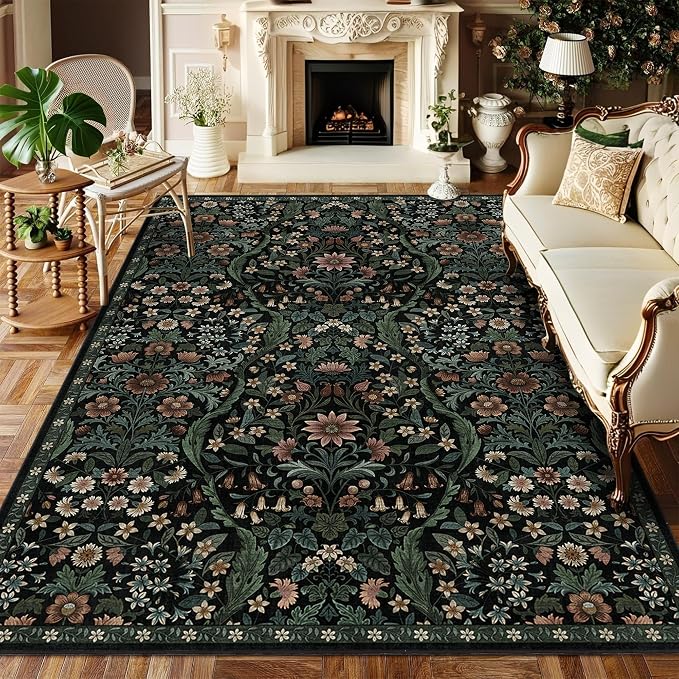 Floral Area Rug 5x7 Botanical Washable Carpet for Living Room - skull carpet