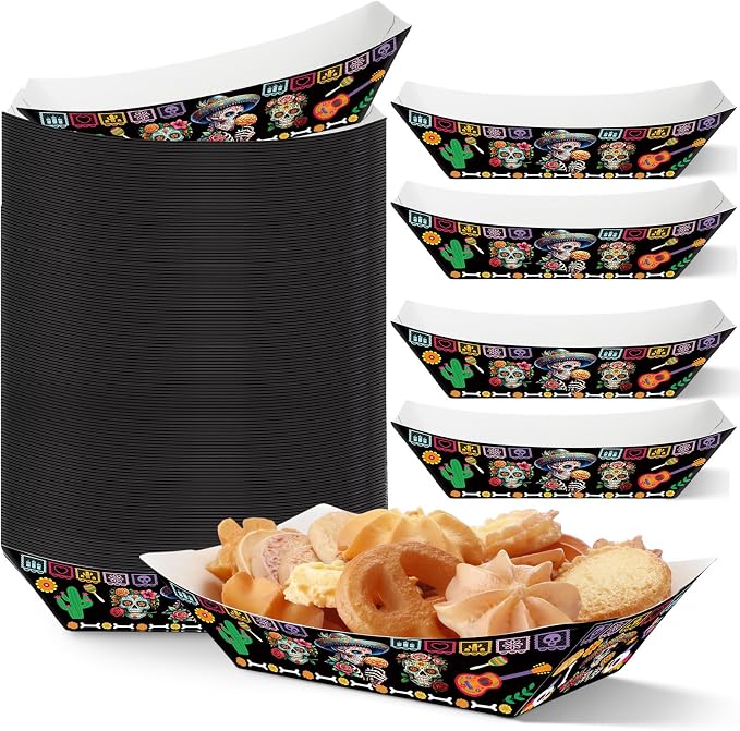 Fulmoon 100 Pcs The Day of The Dead Food Boat, Halloween Nacho Food Trays - skull plate