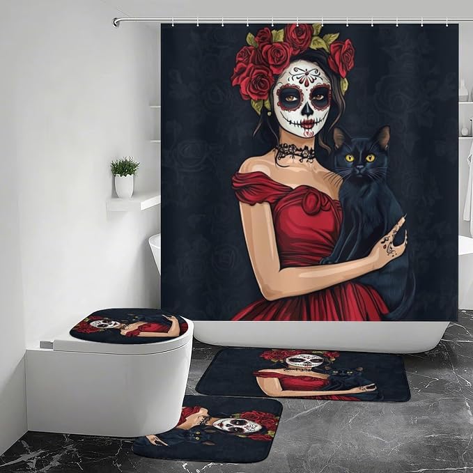 Day of The Dead Shower Curtains Set Bathroom Sets with Rugs (Bath Mat,U Shape and Toilet Lid Cover Mat)