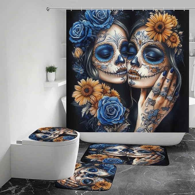 Day of The Dead Shower Curtains Set Bathroom Sets with Rugs (Bath Mat,U Shape and Toilet Lid Cover Mat) - skull toilet mat
