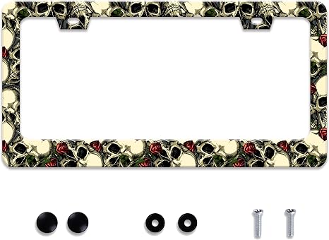 Skull Rose Gothic License Plate Frame Stainless Steel 2-Holes with Screws - skull plate