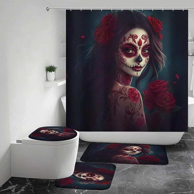 Day of The Dead Shower Curtains Set Bathroom Sets with Rugs (Bath Mat,U Shape and Toilet Lid Cover Mat) - skull toilet mat