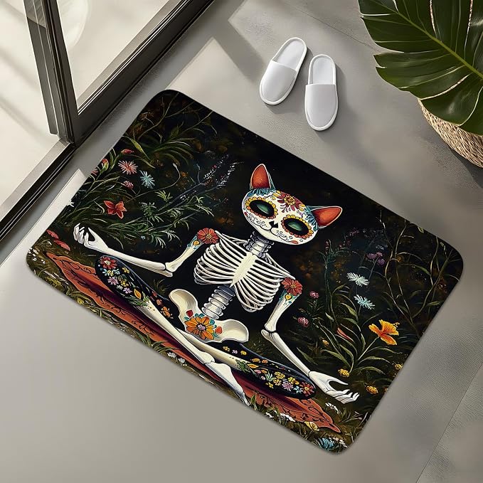 Cat Skull Bath Rug Gothic Boho Halloween Cats Skeleton Wildflower Scary Day of The Dead Horror Holiday Floral Bath Mat Home Bathroom Kitchen Door Doormat Toilet Carpet 18 x 30 Inch - skull toilet mat