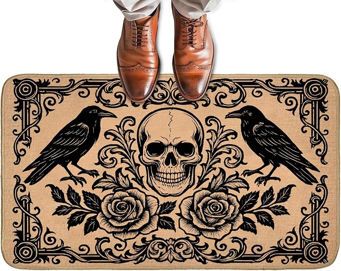 Gothic Skull and Crow Doormat for Front Door Outdoor Indoor, Non-Slip Welcome Mat with Vintage Rose and Skull Raven, Entry Rug for Porch, Home, Office, Living Room, Bathroom Decor 29.5x17 Inch - skull toilet mat
