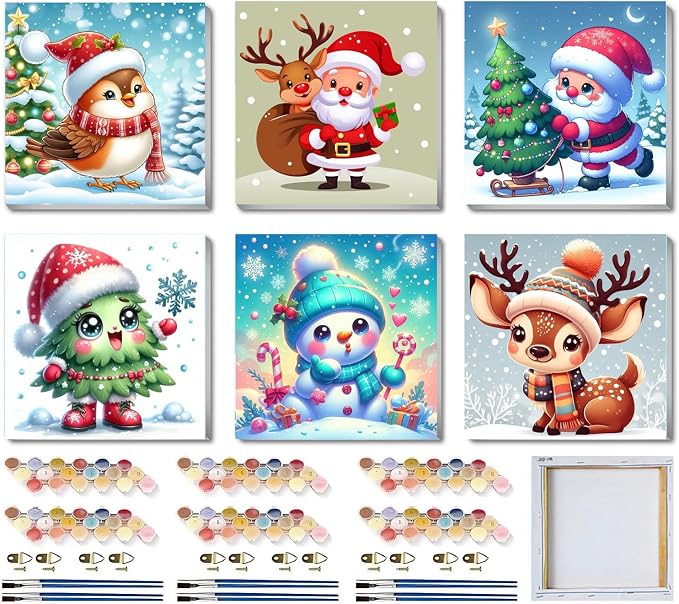 6 Pack Christmas Framed Paint by Numbers for Adults, Easy Acrylic Cartoon Painting by Number Kits on Canvas, Christmas Painting by Numbers Kits, Adults' Paint-by-Number Kits for Home Wall Decor 8x8in - skull painting