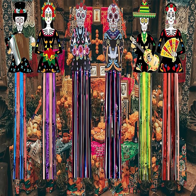 6 Pcs Day of The Dead Sugar Skull Hanging Decorations,Outdoor Dia De Los Muertos Party Decorations with Tassels Mexican Day of The Dead Halloween Decor - sugar skull ornament