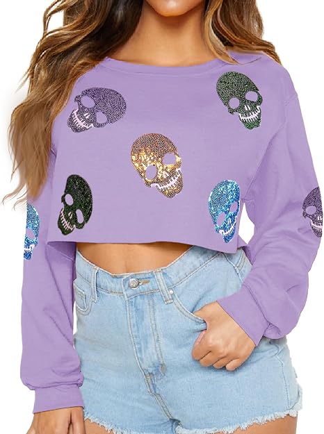 Womens Halloween Long Sleeve Sweatshirt Funny Graphic Sequin Cropped Pullover Tops Purple Skull L - skull sweatshirts