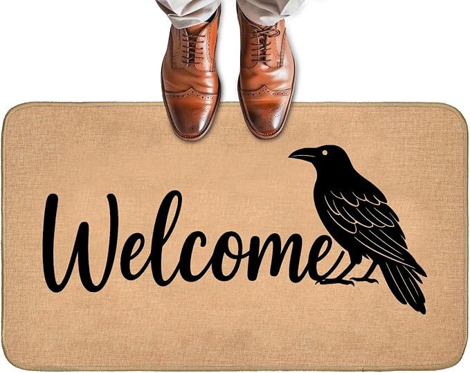 Gothic Raven Doormat for Front Door Outdoor Indoor, Non-Slip Welcome Mat with Vintage Style Black Crow, Entry Rug for Porch, Home, Office, Living Room, Bathroom Decor 29.5x17 Inch, Halloween - skull carpet