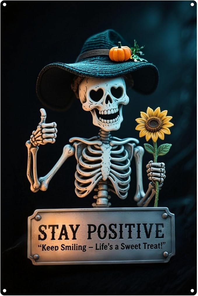 Vintage Stay Positive Sign, Vintage Metal Tin Sign – 8x12In Halloween Skull Decor Retro Wall Art Indoor Outdoor for Living Room Bedroom Office Bar Garage Man Cave Decor Ideal Gift for Housewarming Birthday