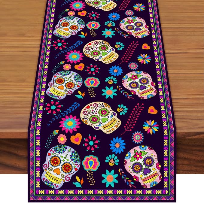 72 x 13 Inch Day of The Dead Table Runner – Colorful Sugar Skull & Floral Pattern Runner for Mexican Dia de Los Muertos, Fiesta, Holiday, Home, Kitchen, Mantel, Dining Table Decor - skull floor mat