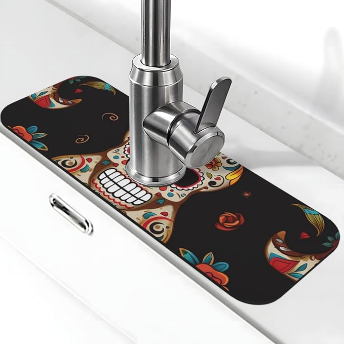 Kitchen Sink Splash Guard Faucet Mat 15" X 5.5" Super Absorbent Fast Dish Drying Mat Guitar Pepper Sugar Skull Faucet Draining Mat Splash Guard Behind Faucet Drip Catcher for Bathroom - skull toilet mat