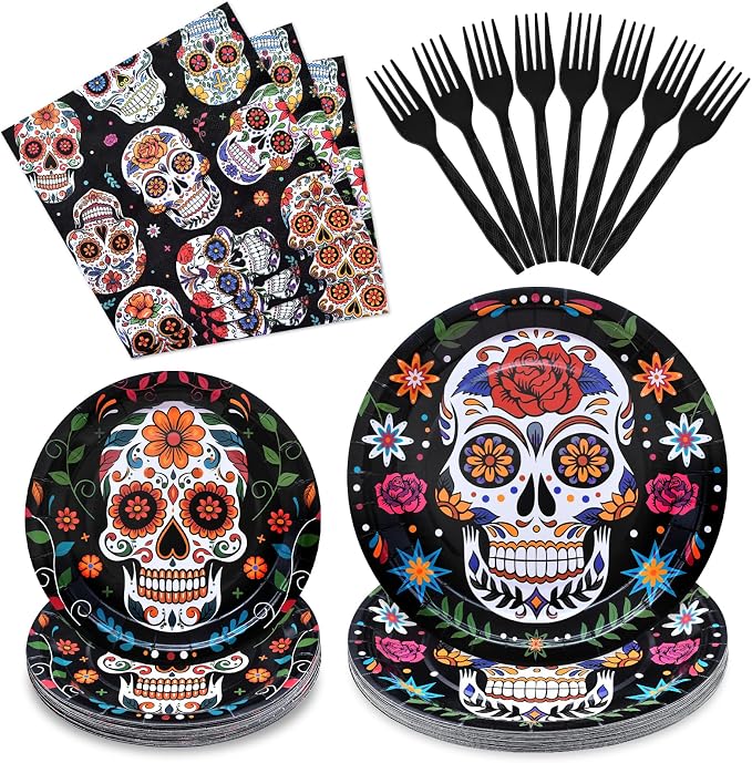 96 Pieces Day of the Dead Tableware Set - Mexican Sugar Skull Pattern Disposable Plates, Napkins, and Forks for Dia de los Muertos, Halloween, Fiesta, and Cultural Celebrations – Serves 24 - skull plate