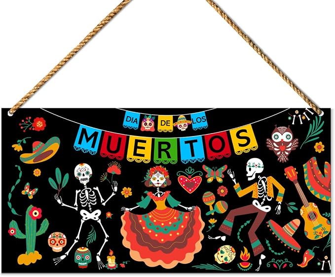 Day of The Dead Wood Sign Decor, Dia De Los Muertos Wall Decor for Home Porch Patio Front Door Mexican Sugar Skull Hanging Sign Decorations - skull wreath