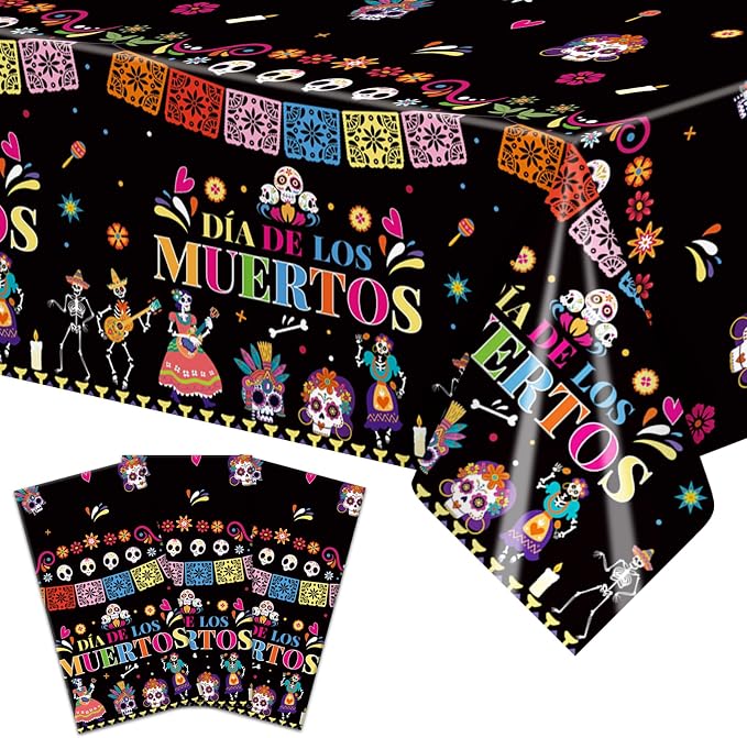 Gistome 3-Piece 54 x 108 Inch Day of the Dead Plastic Tablecloth – Colorful Sugar Skull Disposable Table Cover for Día de Los Muertos, Mexican Fiesta, and Halloween Party Decorations - skull plate