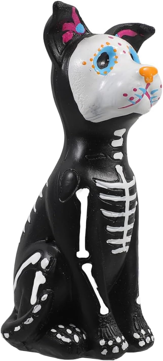 Day of The Dead Dog Figurine, Halloween Sugar Skulls Animal Statue Resin Skeleton Sculpture, Ofrenda Decorations for Altar Dog - skull wreath